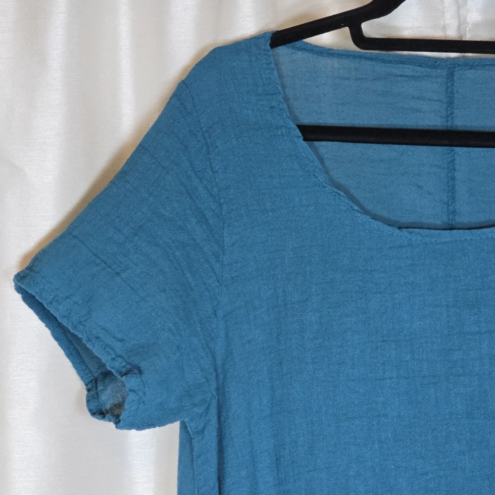 MEO MELI Made In Italy 100% Linen Tunic Top Blue Short Sleeve Lrg/XL Cottagecore - Picture 7 of 15